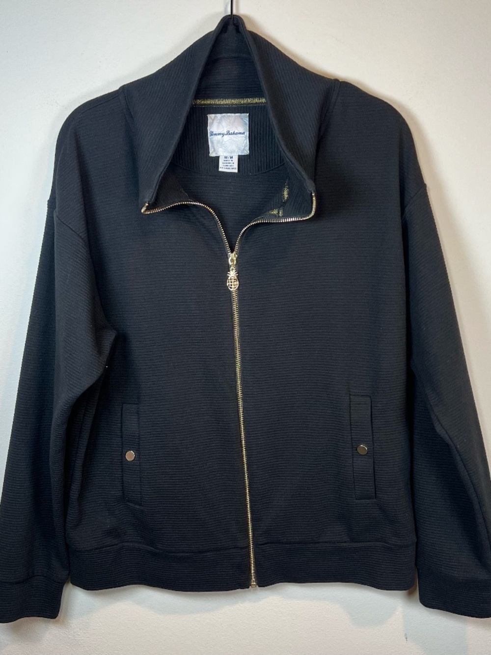 Tommy Bahama Utility Jacket Black Textured Pockets Full Zip Pineapple Beach  Med